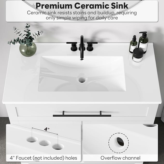 LIKIMIO 36" Bathroom Vanity with Sink, 1 U-Shaped Drawer & 2 Doors, White | Freestanding Bathroom Vanity, Integrated Ceramic Sink, Soft-Close Doors & Drawer, Modern Bathroom Storage Cabinet