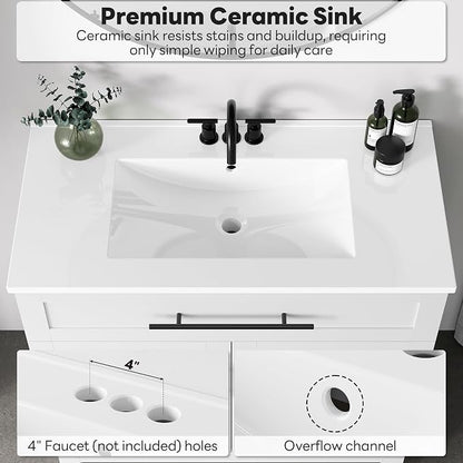 LIKIMIO 36" Bathroom Vanity with Sink, 1 U-Shaped Drawer & 2 Doors, White | Freestanding Bathroom Vanity, Integrated Ceramic Sink, Soft-Close Doors & Drawer, Modern Bathroom Storage Cabinet