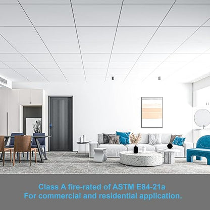Art3d 24-Pack Smooth Drop Ceiling Tiles, No Sag and Breakage, White | 2 x 2 ft, PVC, Waterproof, Fire-Rated, Reusable, Compatible with Grid System, Perfect for Living Room