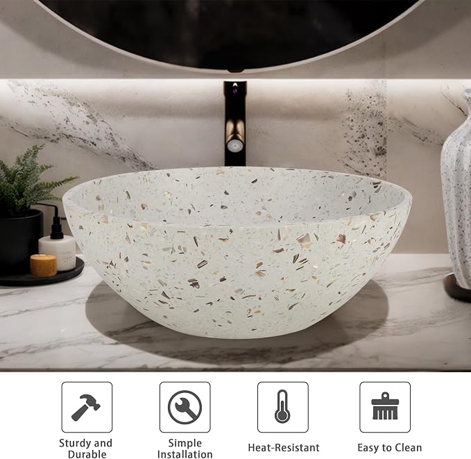 YIMAI Terrazzo Vessel Sink with Faucet and Drain, 15.7" Round Concrete Bathroom Sink Above Counter, Modern Artisanal Wash Basin Bowl with Matte Finish, Easy Install Combo Set for Vanity