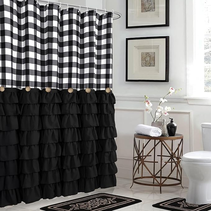 Seasonwood Black Farmhouse Shower Curtain Set with 12 Hooks 72 X 72inch Black and White Buffalo Plaid Pattern Fabric Shower Curtains with Buttons & Black Ruffles for Bathroom Bathtubs Decor