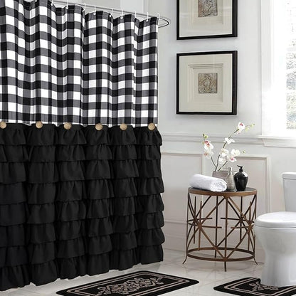 Seasonwood Black Farmhouse Shower Curtain Set with 12 Hooks 72 X 72inch Black and White Buffalo Plaid Pattern Fabric Shower Curtains with Buttons & Black Ruffles for Bathroom Bathtubs Decor