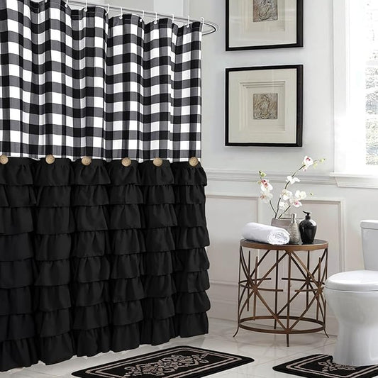 Seasonwood Black Farmhouse Shower Curtain Set with 12 Hooks 72 X 72inch Black and White Buffalo Plaid Pattern Fabric Shower Curtains with Buttons & Black Ruffles for Bathroom Bathtubs Decor
