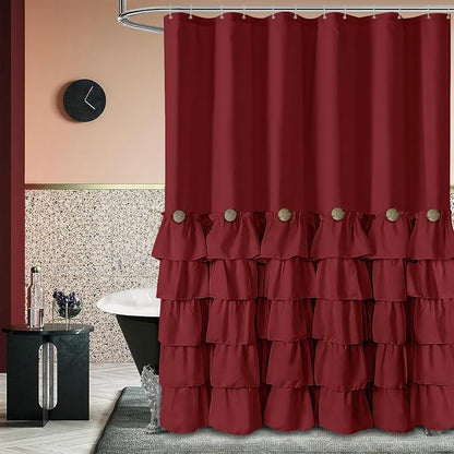 Seasonwood Burgundy Shower Curtain with Nature Buttons Extra Long Shower Curtain Ruffle Shower Curtains Farmhouse Shower Curtains for Bathroom 72" W x 84" L,Burgundy/Red