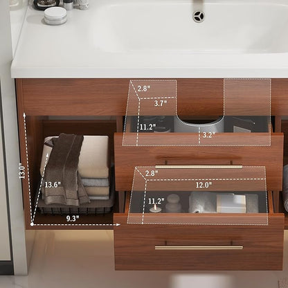 36" Floating Bathroom Vanity with Single Sink, Modern Wall Mounted Bathroom Vanities with Ceramic Basin, Wood Bathroom Vanity Cabinet with 2 Drawers and 2 Open Cabinets, Walnut