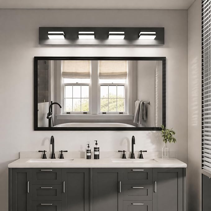 29" 4-Light Black Modern LED Bathroom Vanity Light Fixtures over Mirror | Rotatable Heads, 3 Color Temperatures, Wall Mount, Square Shade Design
