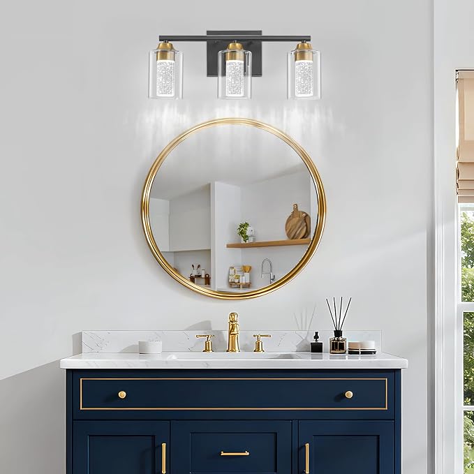 3-Light Black & Gold Bathroom Vanity Light with 3 Color Modes (3000K/4000K/6000K), Dimmable Modern Wall Light Over Mirror with Clear Glass Shade
