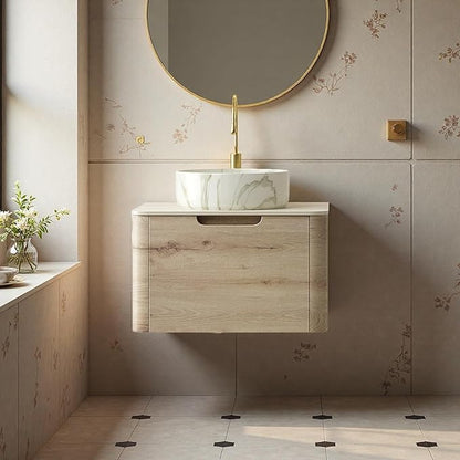 Bathroom Vanity with Sink, 24" Wall-Mounted Bathroom Storage Cabinet with Round Ceramic Basin & Soft-Close Undermount Drawer, Modern Pre-assembled Floating Vanity with Curved Design, White Oak
