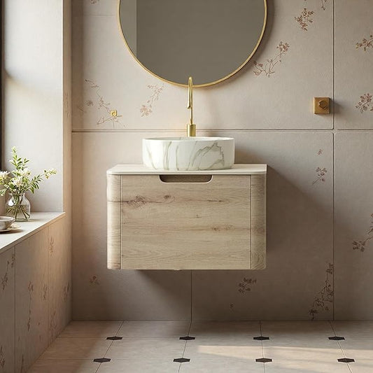 Bathroom Vanity with Sink, 24" Wall-Mounted Bathroom Storage Cabinet with Round Ceramic Basin & Soft-Close Undermount Drawer, Modern Pre-assembled Floating Vanity with Curved Design, White Oak