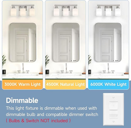 3-Light Bathroom Vanity Light,Brushed Nickel Vanity Lights with Square Frosted Glass,Modern Bathroom Wall Lights Fixtures Over Mirror,Wall Sconces Lighting for Bedroom Living Room,E26