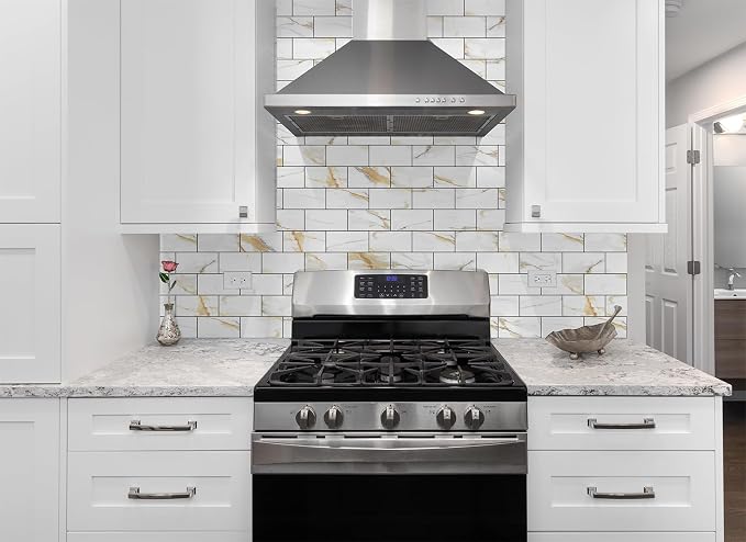 StyloVue 4 Pieces Peel and Stick Backsplash for Kitchen, 3" x 6" PVC Subway Tile Upgraded Calacatta Gold with Dark Gray Grout Backsplash Stick on Tile Elevate Kitchen, Bathroom, Fireplace,RV