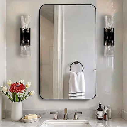 Black Bathroom Mirror, 24”x40” Rounded Corner Rectangle Mirror, Modern Metal Frame Bathroom Vanity Mirror(Matte Black Finish)