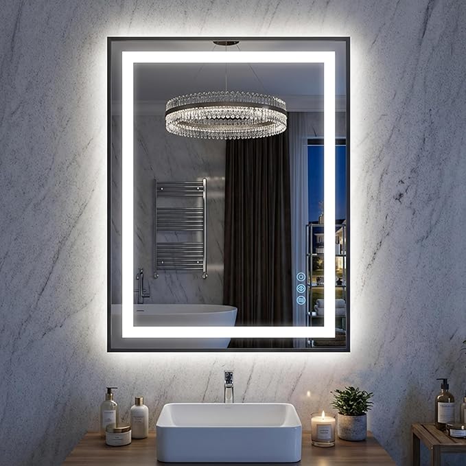 Antok 24X32 LED Bathroom Mirror with Lights, Vanity Mirror for Wall with Black Frame, Touch Control, Anti-Fog, Dimmable Lights, Shatter-Proof, Memory Function, Wall-Mounted Vanity Mirrors