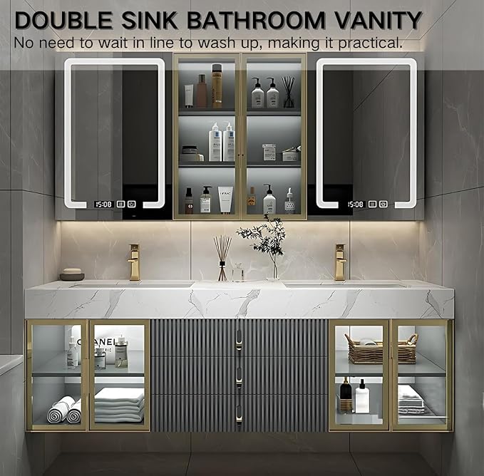 Double Bathroom Vanities with Sink, Floating Bathroom Vanity with LED Smart Defogging Mirror and Storage Cabinet, Modern Bathroom Sink Cabinet with One-Piece Sink and Countertop (Grey, 68")