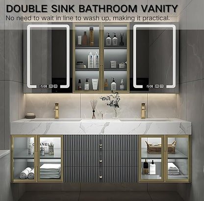 Double Bathroom Vanities with Sink, Floating Bathroom Vanity with LED Smart Defogging Mirror and Storage Cabinet, Modern Bathroom Sink Cabinet with One-Piece Sink and Countertop (Grey, 68")