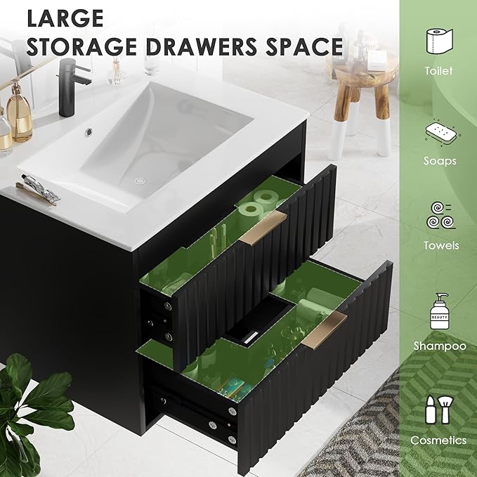 24" Bathroom Vanity with Sink, Floating Bathroom Vanity with 2 Fluted Drawers & Metal Handle, Wall Mounted Cabinets with Integrated Ceramic Sink for Apartment, Home, Black