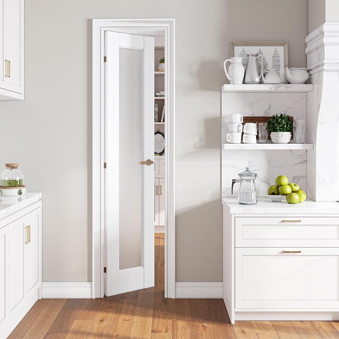 SMARTSTANDARD 18" x 80" Slab Door, Solid Core Frosted Glass Pantry Door | Pre-Assembled Interior Door without Hardware Kit for Pantry, Pocket, White Primed, Paintable Surface