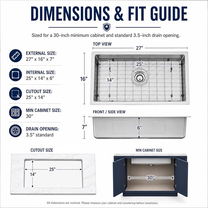 Kitsitchen RV Ktichen Sink,16 Gauge T304 Stainless Steel Undermount Kitchen Sinks with Sink Drain Strainer & Bottom Gird, 27" x 16" x 7" Single Bowl Drop In Kitchen Sink for RV, Outdoor and Bathroom