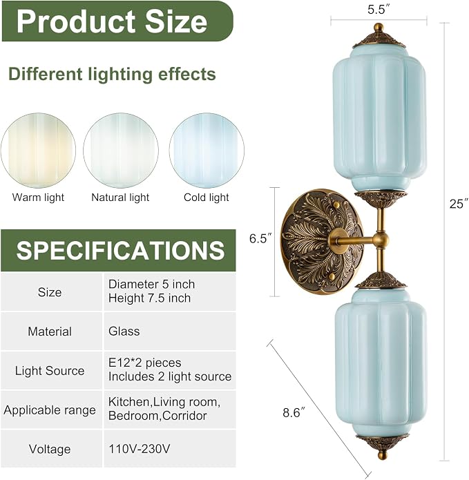 Vintage Milk Glass Bathroom Vanity Light, 2-Light Vintage Wall Sconce with Antique Brass Finish Base & Mint Blue Glass Shad, Wall Sconce Lighting for Mirror, Living Room, Gallery (Bulbs Included)