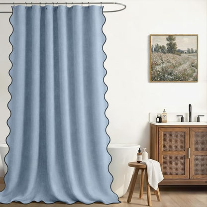 Scalloped Shower Curtain Linen Boho Flax Blue Grey 72" W x 72" L | Linen Fabric, Black Border, Washable, Heavy Duty Cloth, Shower Curtain for Boho Farmhouse Bathroom Bathtub