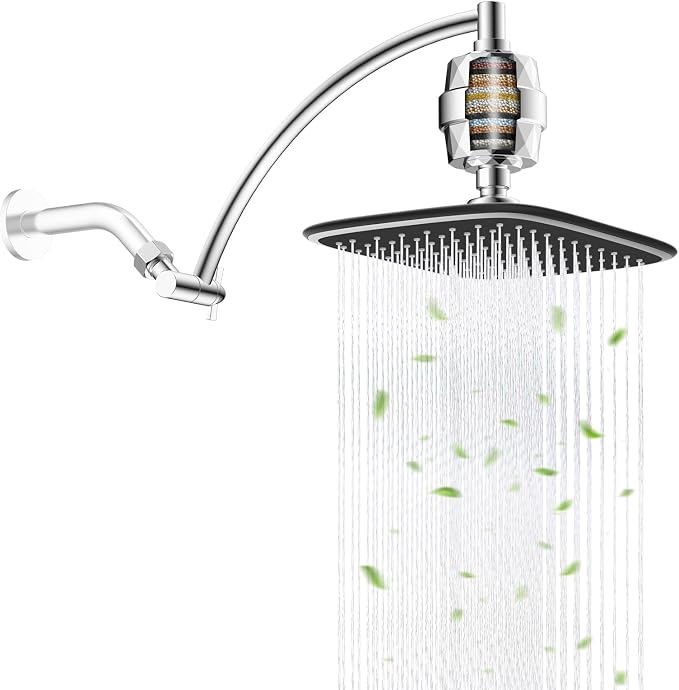 Filtered Rain Shower Head & 12" Extension Arm, 10" High-Pressure Showerhead | Chrome, Boosting Rainfall/Fixed Showerhead with 20-Stage Shower Filter, Metal Shower Head Extender Adjustable Height/Angle