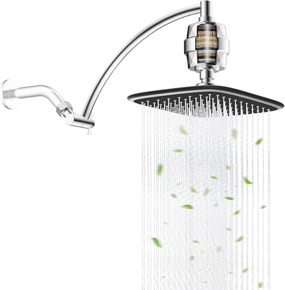 Filtered Rain Shower Head & 12" Extension Arm, 10" High-Pressure Showerhead | Chrome, Boosting Rainfall/Fixed Showerhead with 20-Stage Shower Filter, Metal Shower Head Extender Adjustable Height/Angle