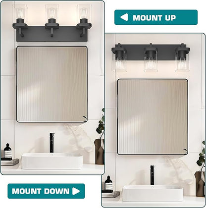 Bathroom Lighting Fixtures Over Mirror, Square Design & Rectangle Large Backplate, 3 Lights Morden Vanity Lighting Fixtures, Bathroom Light Fixtures for Bathroom/Living Room/Bedroom, Black