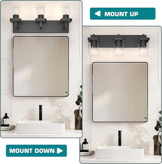 Bathroom Lighting Fixtures Over Mirror, Square Design & Rectangle Large Backplate, 3 Lights Morden Vanity Lighting Fixtures, Bathroom Light Fixtures for Bathroom/Living Room/Bedroom, Black