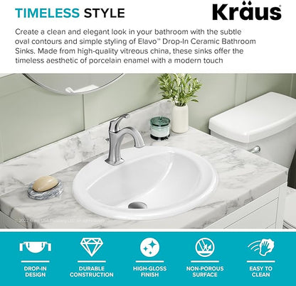 KRAUS Elavo 20.5 in. Oval Porcelain Ceramic Self-Rimming Drop In Bathroom Sink in White with Overflow Drain, KCT-100