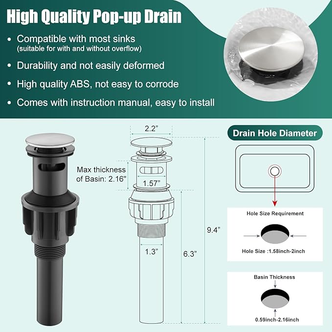 Heyalan Bathroom Faucet Single Handle 1 Hole SUS304 Stainless Steel Deck Mount Lavatory Single Switch Basin Sink Faucet with Pop Up Drain and Hot and Cold Water Mixer Brushed Nickle