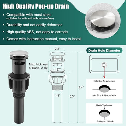 Heyalan Bathroom Faucet Single Handle 1 Hole SUS304 Stainless Steel Deck Mount Lavatory Single Switch Basin Sink Faucet with Pop Up Drain and Hot and Cold Water Mixer Brushed Nickle