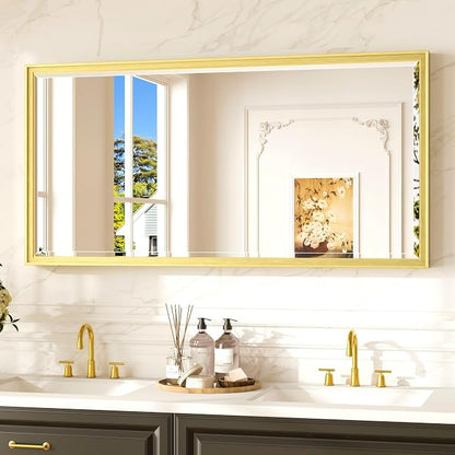 Keonjinn 48" x 24" Brushed Gold Framed Mirror for Bathroom, Tempered Glass | Aluminum Alloy, Effortless French Cleat Installation, Vertical/Horizontal, Rectangle Wall Mirror for Vanity, Hallway Decor