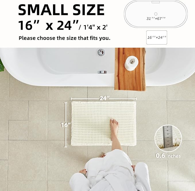 TYUU Cream White Waffle Bath Mat, Small Boho Bathroom Rugs Non Slip 24x16 | Super Absorbent Quick Dry Bath Rug, Non-Slip Backing, Soft Waffle Washable Farmhouse Bathroom Mats, Tub, Shower & Home Decor