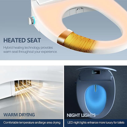 Electric Heated Bidet Toilet Seat with Remote Control, Adjustable Warm Water & Pressure, Air Drying, Self-Cleaning Nozzle, Oscillating Cleaning, Display Screen, Slow Closed Lid - Elongated