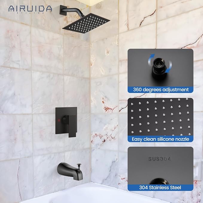 Airuida 6 Inch Shower Faucet Set,Bathtub Faucet Kit,Oil Rubbed Bronze | Shower Tub Faucet Set,Male Threads Rough-In Valve,Square Head Shower System