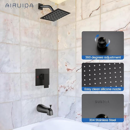 Airuida 6 Inch Shower Faucet Set,Bathtub Faucet Kit,Oil Rubbed Bronze | Shower Tub Faucet Set,Male Threads Rough-In Valve,Square Head Shower System
