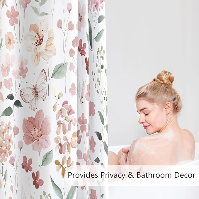Coral Pink Floral Shower Curtain 60x72, Watercolor Flower Fabric Shower Curtain for Bathroom, Peach Pink Cute Wildflower Butterfly Cloth Shower Curtain Set with Hooks