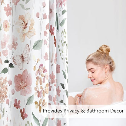 Coral Pink Floral Shower Curtain, Peach Pink Flower Fabric Shower Curtain for Bathroom, Blush Pink Cute Wildflower Butterfly Cloth Shower Curtain Set with Hooks, 72x72