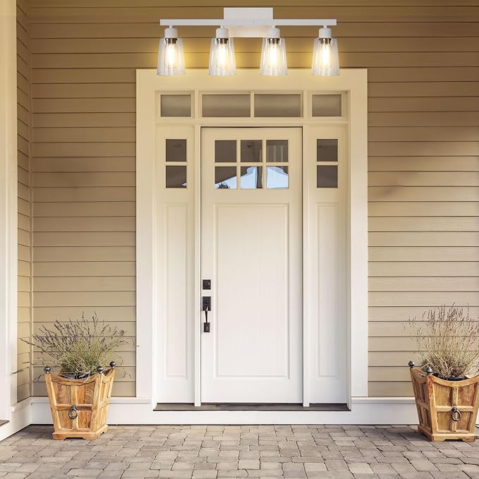 Lightdot 4 Light Bathroom Vanity Light, 26.5" White Bathroom Light Fixtures with Clear Glass Waterproof Shades, Rust-Proof Modern Vanity Lights Over Mirror for Kitchen Hallway Cabinet Porch