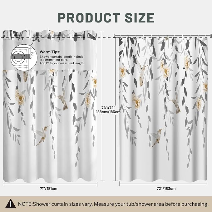 No Hook Floral Shower Curtain with Liner, Grey, 71x74 | Snap in Liner, 3 in 1, Water Repellent, Easy Install, Machine Washable, Hotel Style for Bathroom, Watercolor Pattern