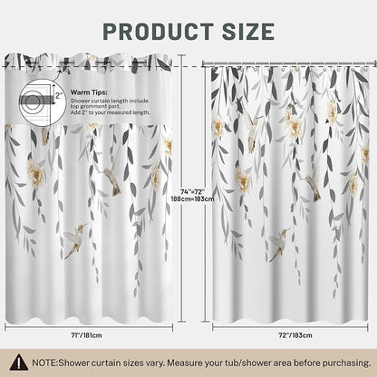 No Hook Floral Shower Curtain with Liner, Grey, 71x74 | Snap in Liner, 3 in 1, Water Repellent, Easy Install, Machine Washable, Hotel Style for Bathroom, Watercolor Pattern