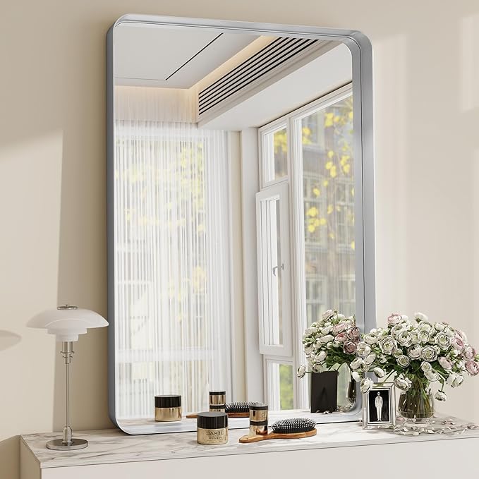 Bathroom Mirrors for Over Sink 24 x 32 Inch Rectangle Bathroom Vanity Mirror with Rounded Corner Bathroom Mirror for Wall for Living Room Bedroom Entryway Silver