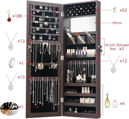 Full Length Mirror Jewelry Cabinet Organizer for Makeup and Jewelry, Lockable Door Wall-Mounted Jewelry Armoire with Shelves and Behind-the-Door Storage Rustic Brown