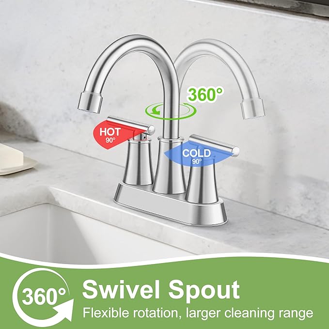 Herogo Bathroom Faucet for Sink 3 Holes Brushed Nickel, 4 Inch 2-Handle Centerset Bathroom Sink Faucet with Pop-Up Drain & Supply Hoses, 18/10 Stainless Steel, for RV Vanity Lavatory