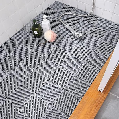 SOUJOY 12 Pieces Modular Interlocking Cushion, 11.6" x 11.6" Rubber Floor Tiles with Holes, Non-Slip Splicing Drainage Mat for Pool Shower Bathroom Kitchen Patio Balcony Yard Pet Area