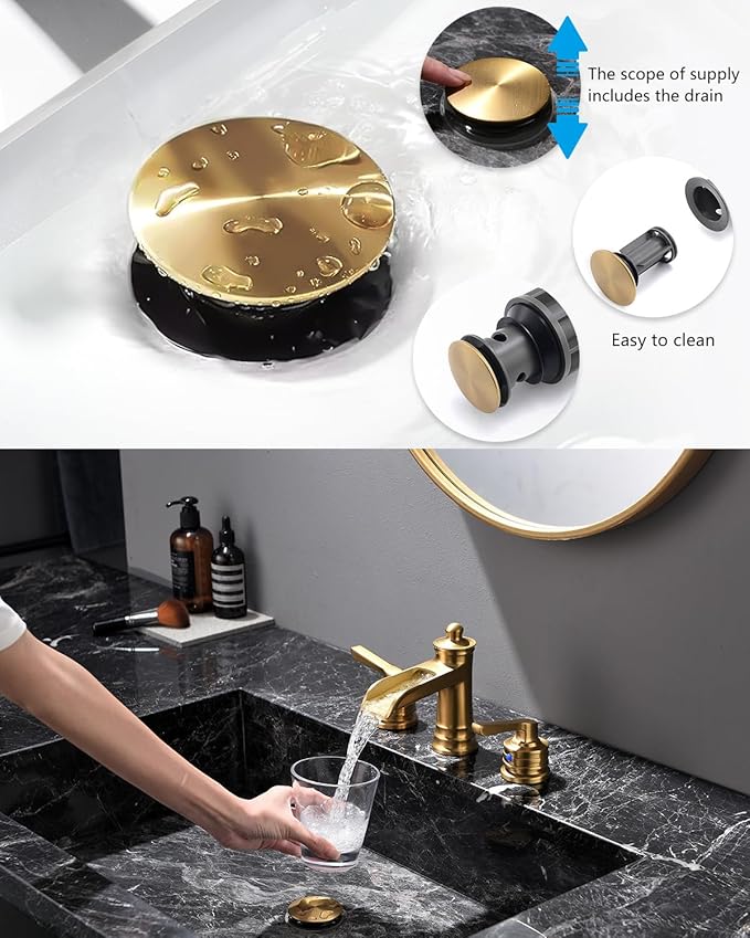 Fapully Brushed Gold Bathroom Sink Faucet, Waterfall Bathroom Faucets 3 Hole, 8 Inch Widespread Bathroom Faucet with Pop-up Drain, 2-Handle Faucet for Bathroom Sink Vanity RV
