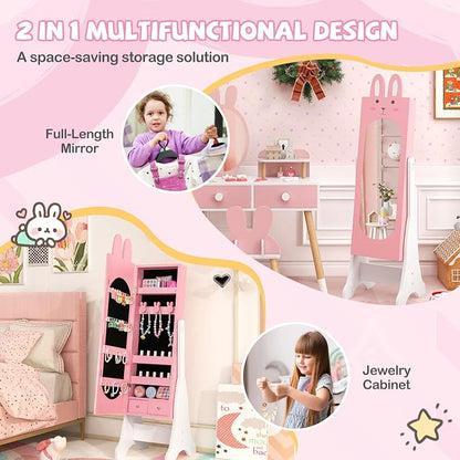 HONEY JOY Kids Jewelry Armoire Cabinet, Rabbit Themed Wooden Standing Jewelry Organizer w/Full-length Mirror and Storage Drawers, Children Dress Up Jewelry Cabinet for Little Girls (Pink)