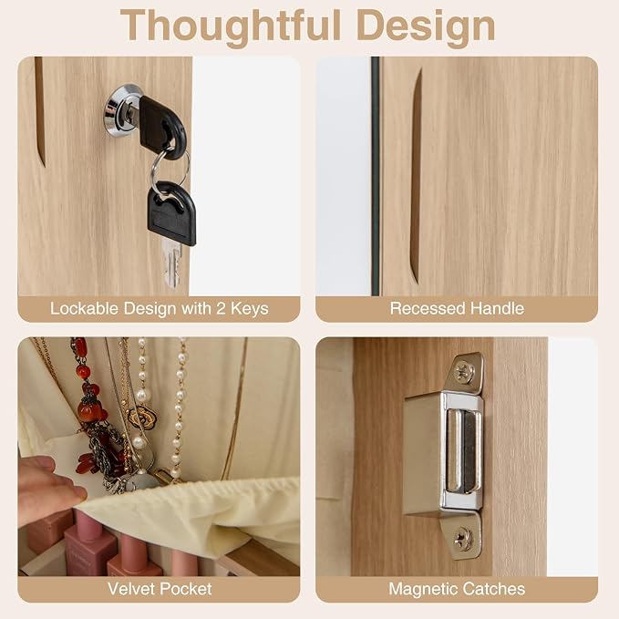 COSTWAY Wall Door Mounted Jewelry Armoire with 47.5" Full Length Mirror & 2 LED Lights, Large Storage Capacity, Lockable Mirror Jewelry Cabinet for Women Girls (Light Oak)