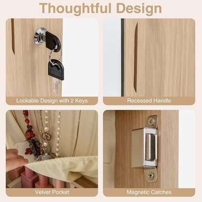 COSTWAY Wall Door Mounted Jewelry Armoire with 47.5" Full Length Mirror & 2 LED Lights, Large Storage Capacity, Lockable Mirror Jewelry Cabinet for Women Girls (Light Oak)