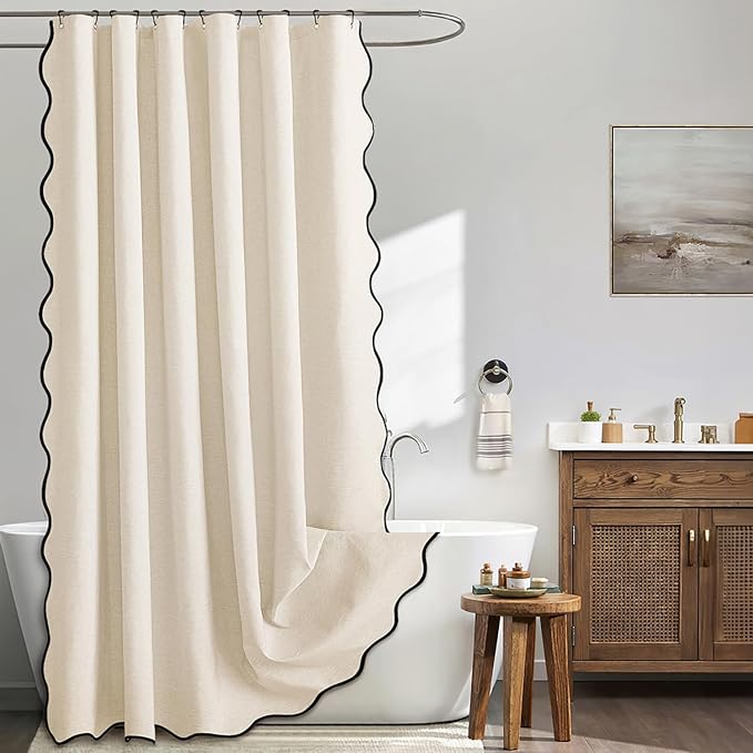 MIULEE Ivory Scalloped Linen Shower Curtain 72x78 Inches | Linen Textured, Waterproof, Washable, 12 Metal Hooks, Heavy Duty Cloth, Black Border, Shower Curtain for Bathroom Bathtub